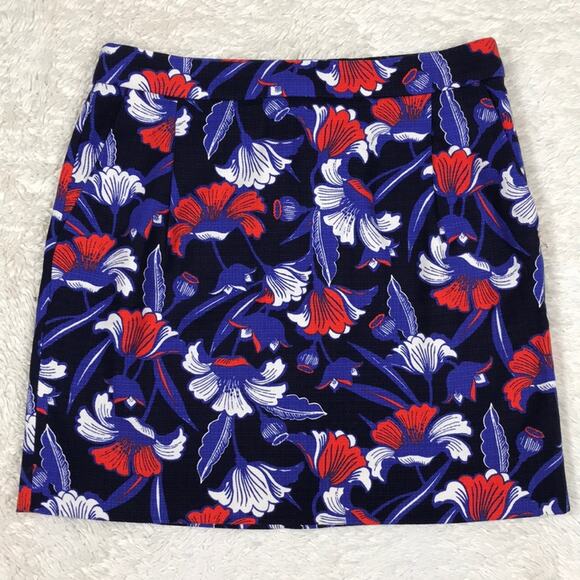 J. Crew 100% Cotton Basketweave Floral Red Blue Print Mini Pencil Skirt 4 Church - Picture 1 of 8